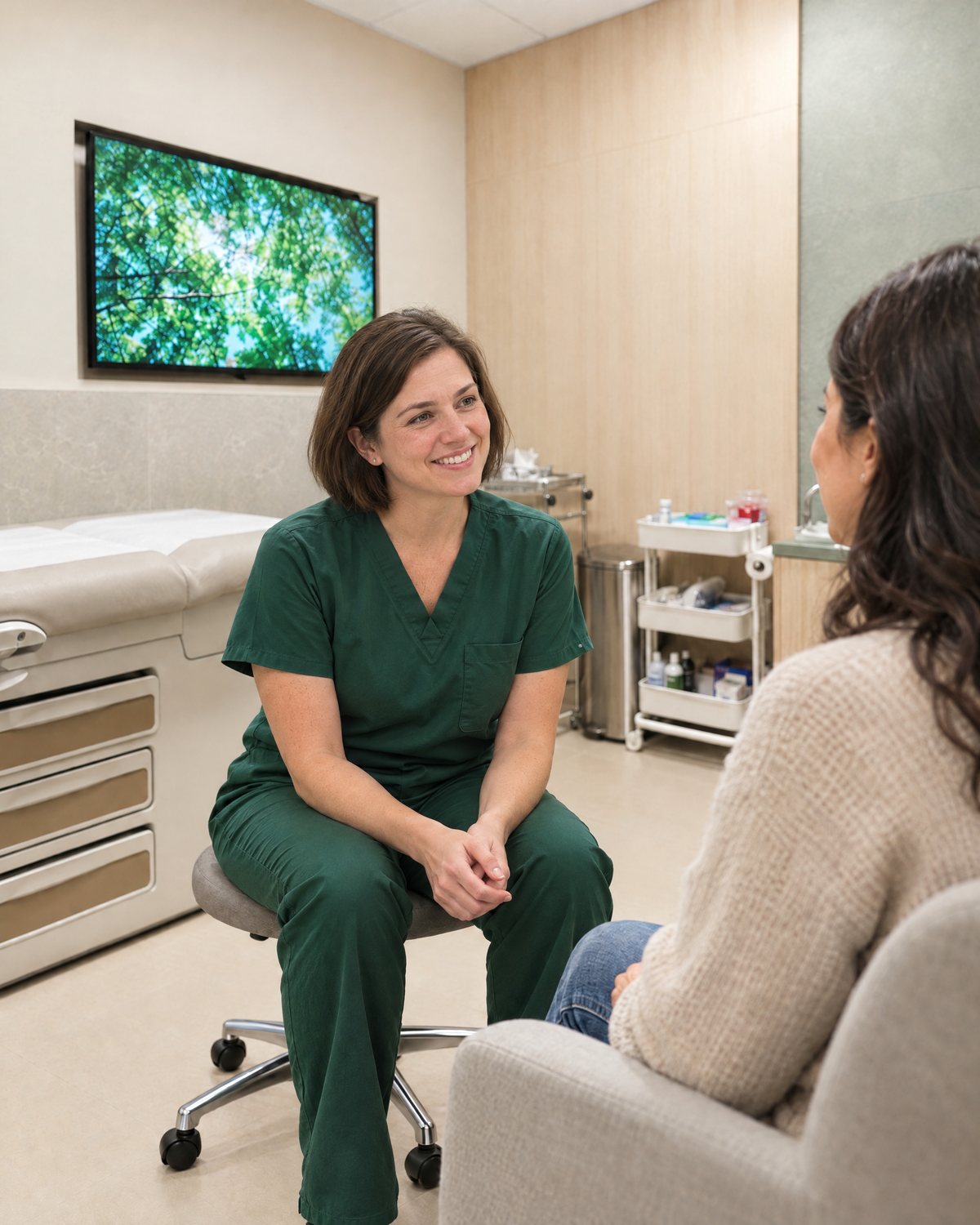 Nurse practitioner in conversation with a patient in an Optimal exam room