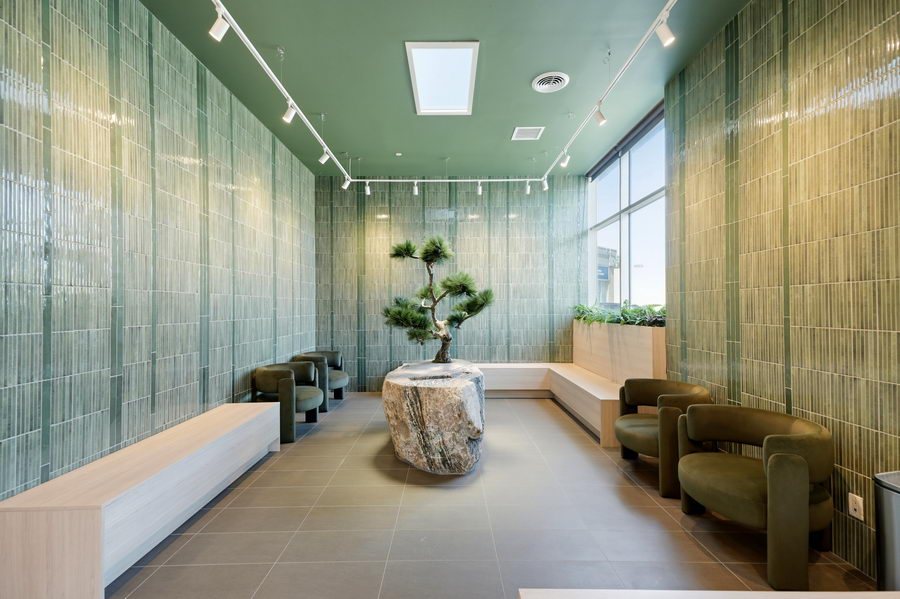 Clinic waiting area with green glass tile walls, a bonsai on a stone plinth and green lounge chairs